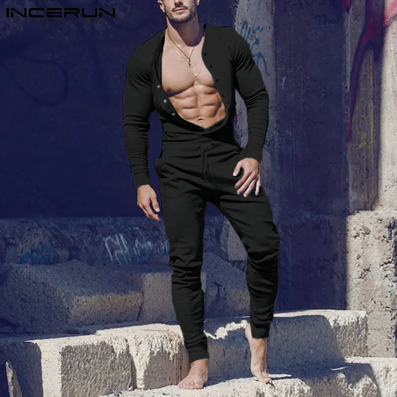 

IMen Pajamas Jumpsuits V Neck Long Sleeve Homewear Solid Color Rompers Cozy Button Leisure Men Nightwear Plus Size 5XL INCERUN