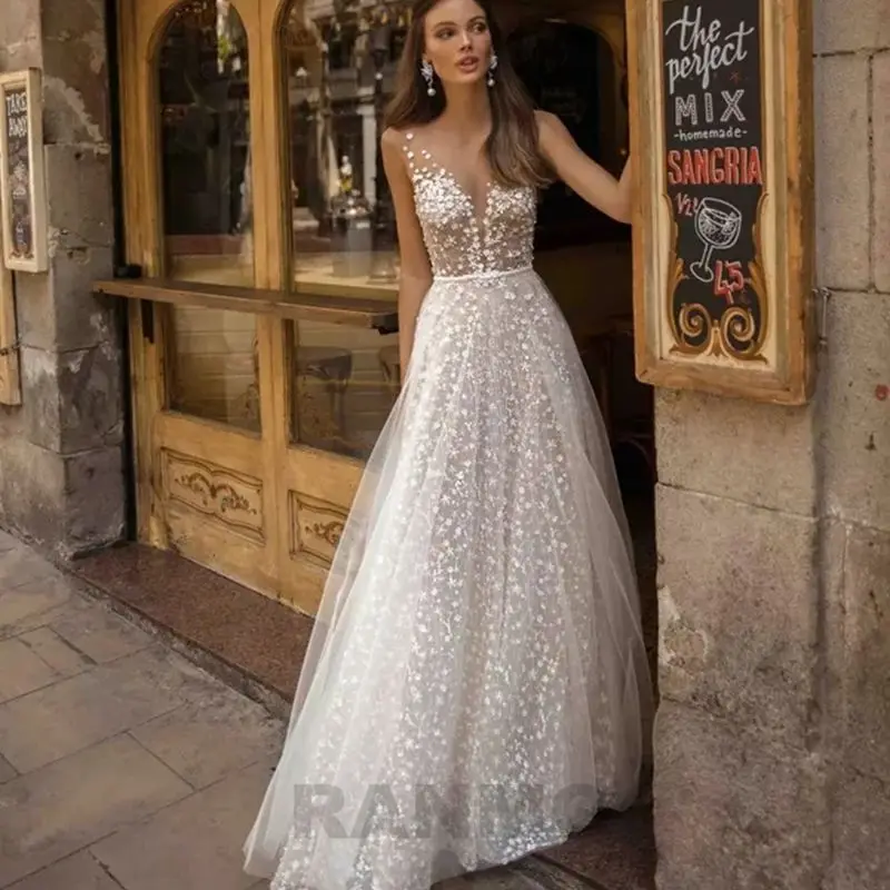 

RANMO изящные кружевные пляжные свадебные платья с глубоким декольте Иллюзия Бохо платья невесты с бантом сзади трапециевидной формы