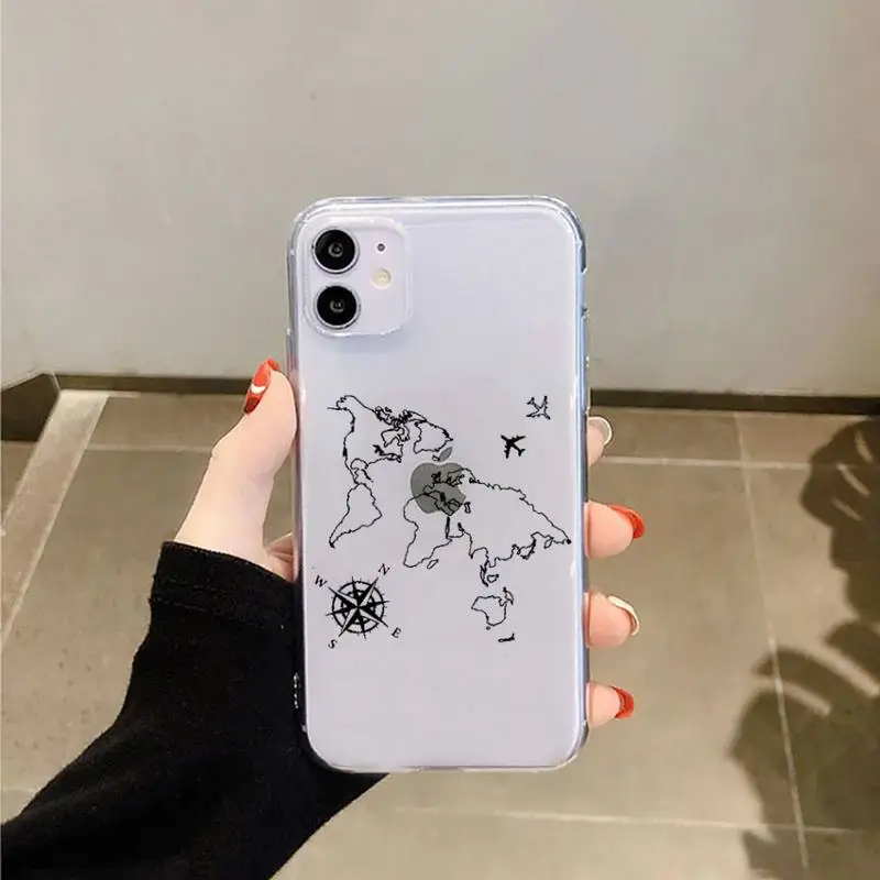 

World map travl airplane design pattern high quality Phone Case Transparent for iPhone 6 7 8 11 12 s mini pro X XS XR MAX Plus