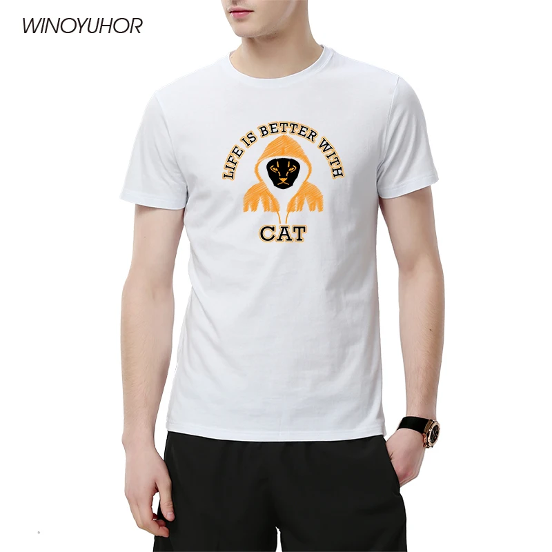

Мужская хлопковая футболка Life Is Better With Cat, новые модные подарочные Топы Для парня, мужа, забавная одежда с животными для влюбленных, Мужская ф...