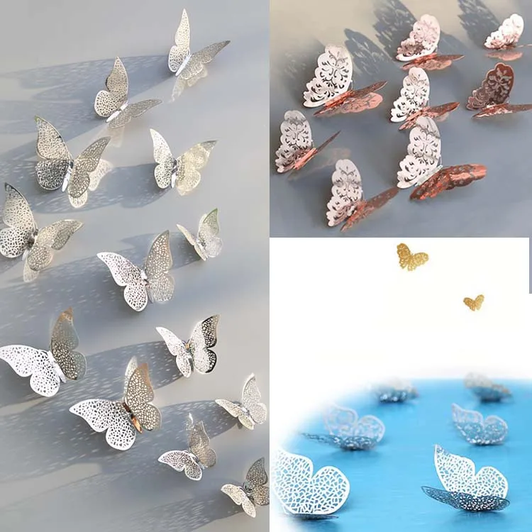 12 шт. 3D металлическая текстура полые бабочки Наклейка на стену холодильника
