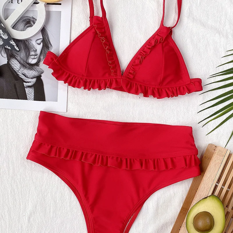 

High Waist Bikinis Women's Swimsuit Push Up Swimwear Red Ruffle Sexy Beachwear 2021 New Bathing Suits Female