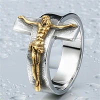 religious belief jesus cross ring gold and silver color metal mens index finger ring creative retro jewelry