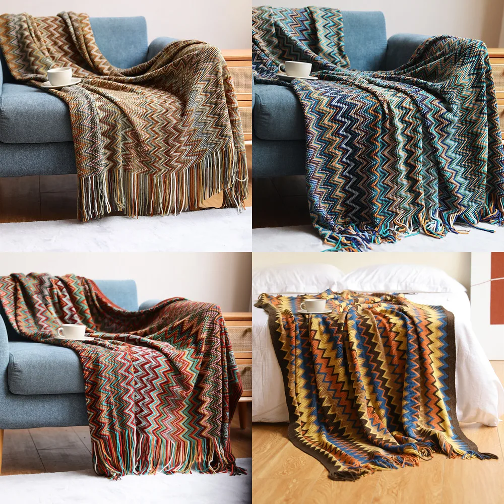 

100% Acryl Hand Knitted Blanket With Tassel Summer Blanket Bed Sofa Travel Breathable Chic Bohemiann Nordic Bedspread Blanket