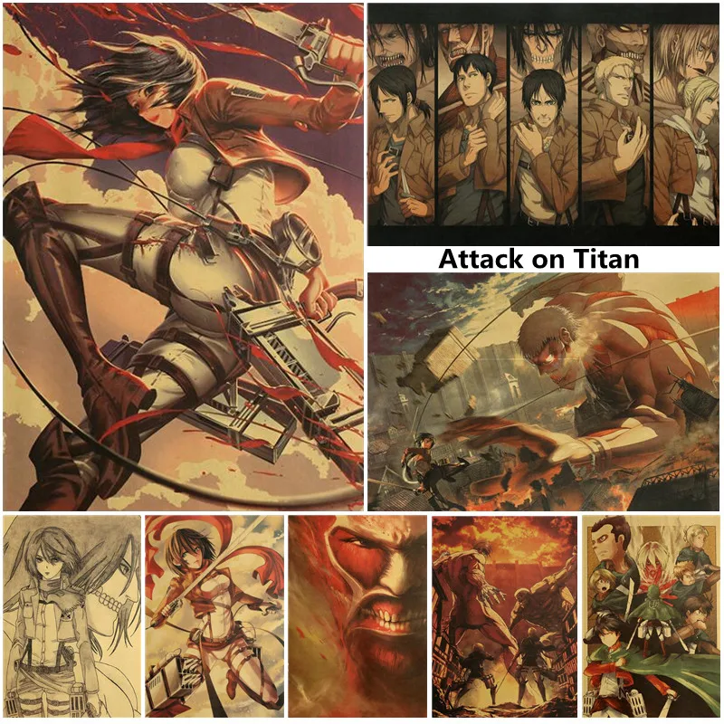 

Attack On Titan Anime Poster Vintage Home Decor Cartoon Figure Painting Kraft Paper Posters Wall Decor Wall Stickers