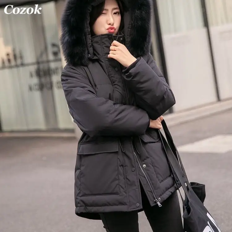 COZOK White Duck Down Overcoats Women Stylish Fox Fur Collar Warm Winter Outwear Zipper Jackets Hooded Parkas Snow Coats enlarge