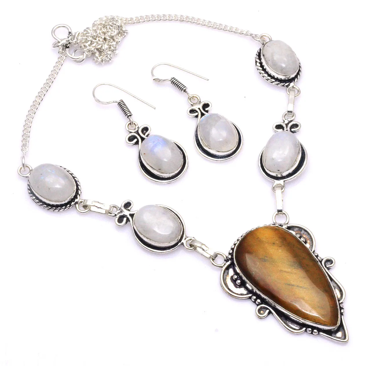 

Genuine Tiger Eye Rainbow Moonstone Necklace + Earings Silvers Overlay over Copper, 45.5 cm , N4846