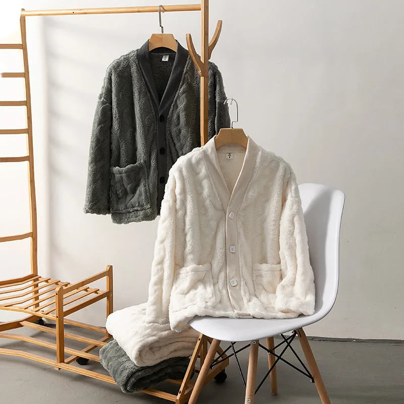 

Sleepwear With Pockets Winter Sweet Flannel Pajamas For Women V-Neck Long Sleeve Trouser Suits Thick Warm Coral Fleece Homewear