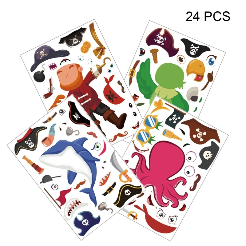 

24 Sheets Stickers DIY Sticker Easy Peel Off Pirate Theme Furniture Decoration Self-Adhesive 3D Cutting Cartoon Party Decor