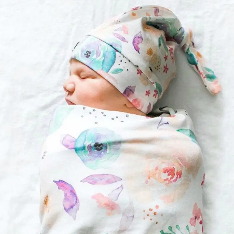 

2PCS Newborn Photography Prop Baby Blankets Printed Newborn Infant Baby Boys Girls Sleeping Swaddle Muslin Wrap +Hat