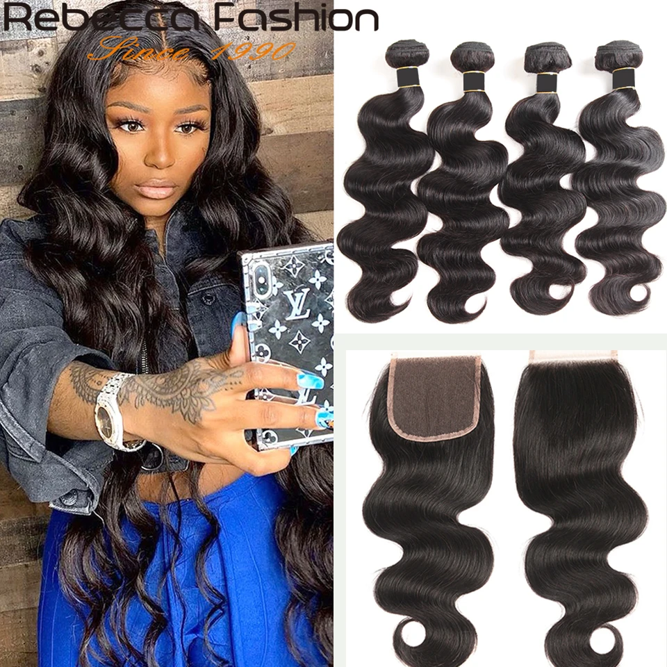 Ребекка бразильские волнистые волосы пряди с закрытием Remy человеческие 3