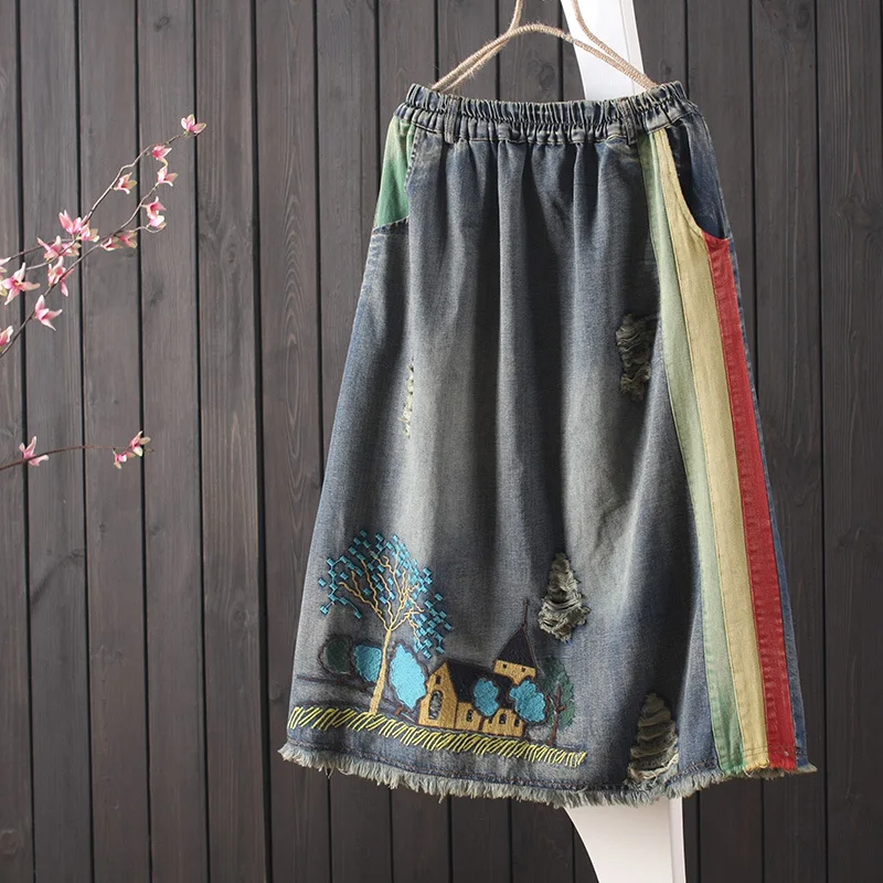 2019 джинсовая юбка женский эластичный пояс Ретро патч платье с вышивкой | Женская