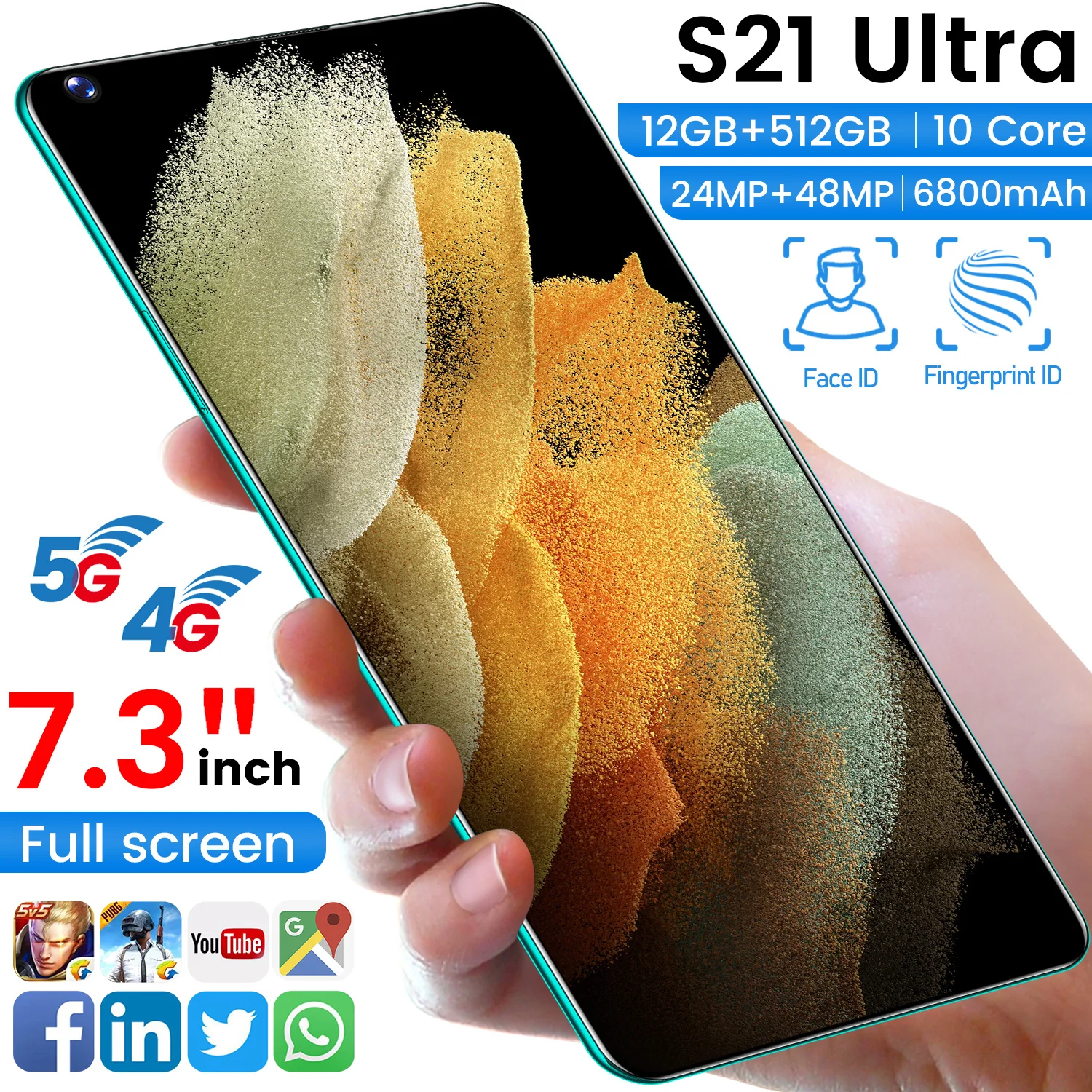 

Global Version S21Utra 7.3" Smartphone 12+512G 6800 MAh Full Screen Mobilephone 48MP Dual SIM Dual Standby With GPS Cellphone