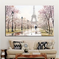 city lovers walking on the street paris eiffel tower landscape hd print abstract canvas painting wall art living room home decor