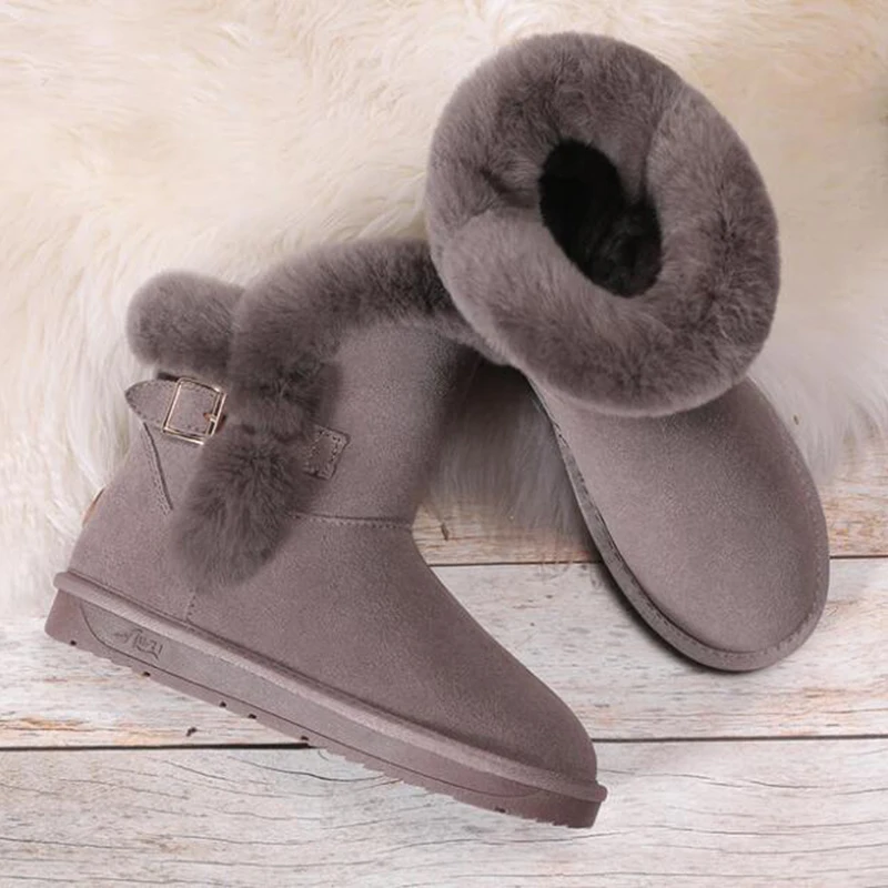 Genuine leather Rabbit fur Snow boots women Non-slip Ankle Boots Winter for Belt buckle Warm Botas Mujer sy846 | Обувь