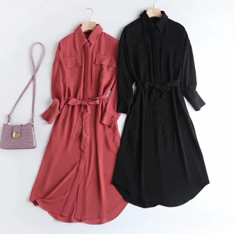

Women Elegant A Line Shirt Dress With Pockets Office Wear Turn Down Collar Sashes Dress Long Sleeve Casual Midi Dress