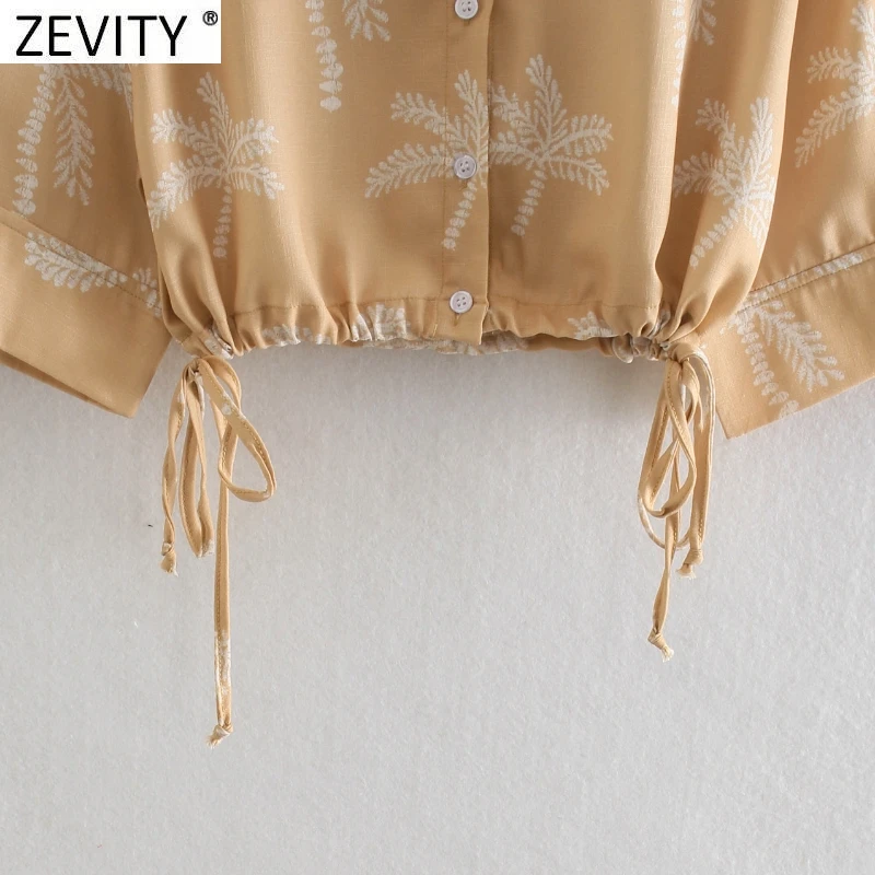 

Zevity New Women Tropical Leaves Print Short Smock Blouse Female Hem Elastic Lace Up Casual Beach Shirt Chic Blusas Tops LS9201