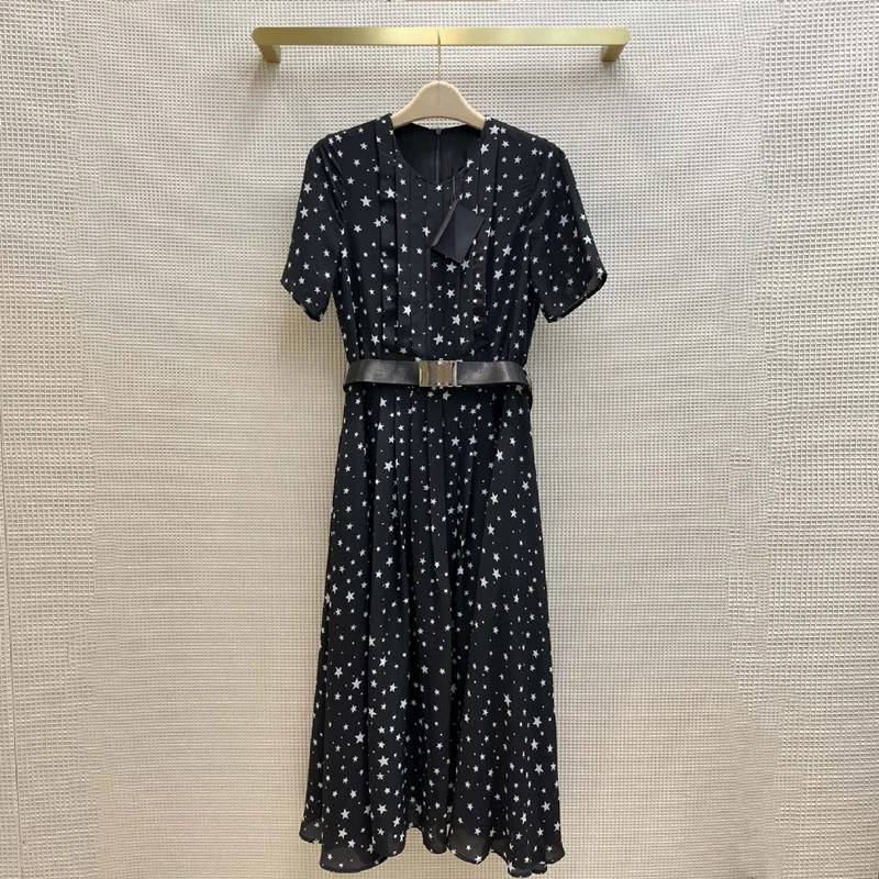 

Женское плиссированное платье с поясом, Элегантное Длинное Платье с О-образным вырезом и принтом звезд, стильная модель на лето