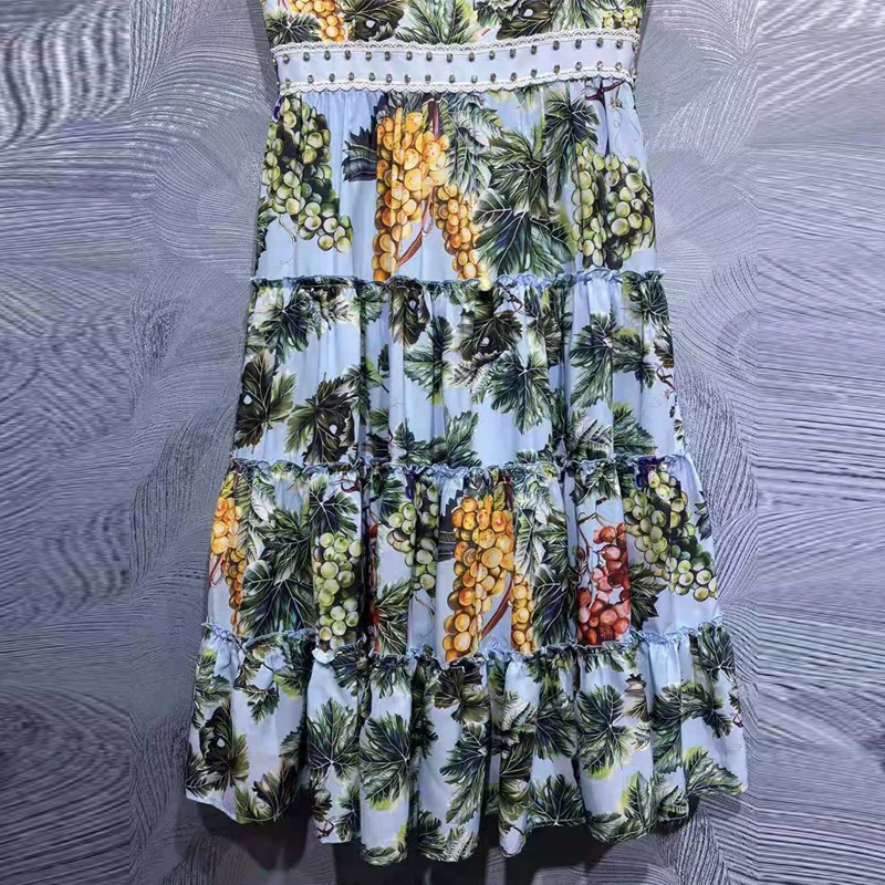 

SEQINYY Sicily Midi Dress Summer Bohemian New Fashion Women Vintage Grape Flower Printed Crystal Holiday Party Spaghetti Strap
