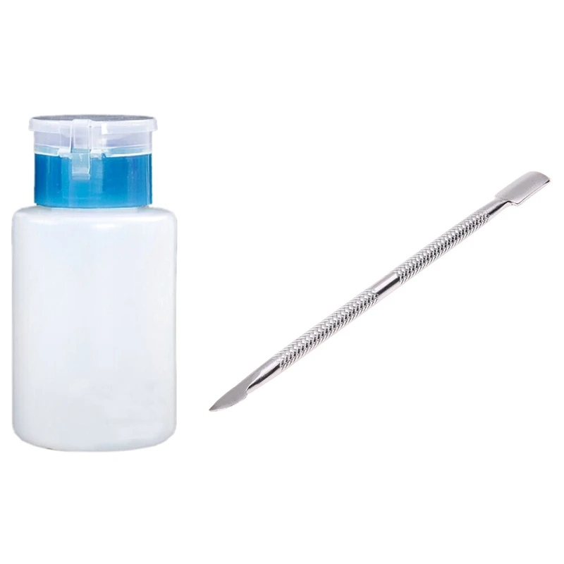 

Stainless Steel Nail Cuticle Remover Spoon Pusher 12cm & 150ML Nail Vanish Polish Remover Pump Dispenser Bottle (Blue)