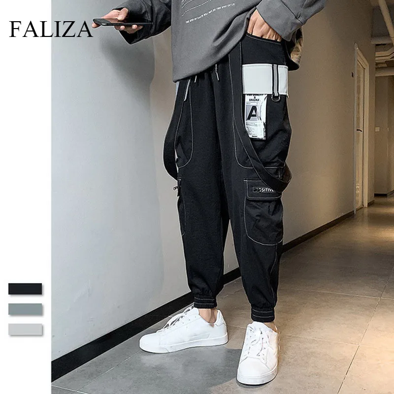 

FALIZA New Fashion Mens Joggers Pants Streetwear Ribbon Side-pocket Mens Harem Pants Hip Hop Trousers Male Cargo Pants PA39