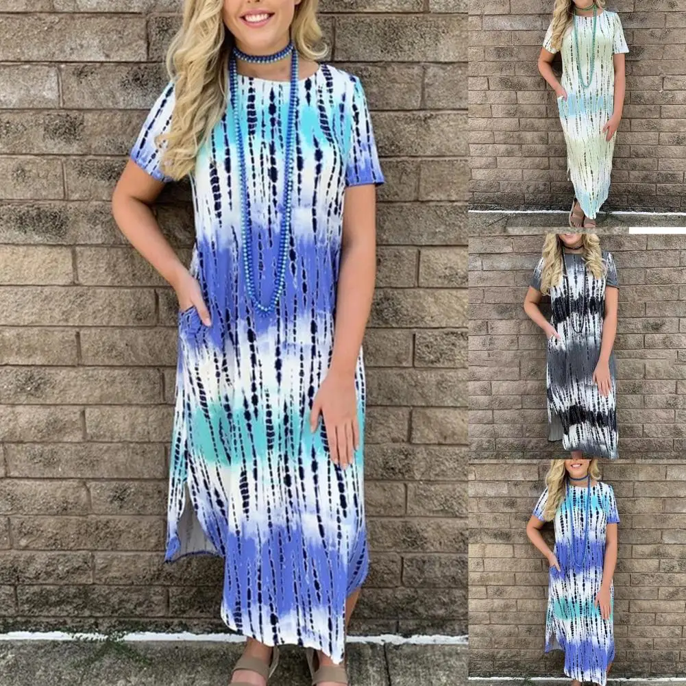 

Women Dress Tie Dye Print Loose Summer Short Sleeve Split Hem Skirt Boho Maxi plus size Vintage Clothes vetement femme 2021