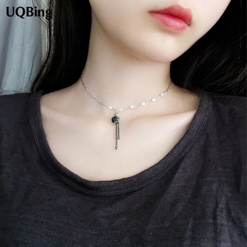 

Роскошные 925 пробы серебристый, черный циркон в форме сердца в форме короны ожерелья с подвесками-Кисточками ювелирные изделия