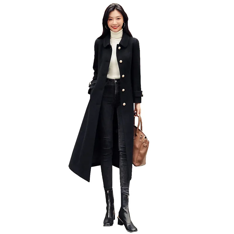 

Elegant Women Autumn Winter Long-sleeved Solid Color Medium Length Plus Size Slim Ladies Wool Woolen Goddess Trench Coat F230