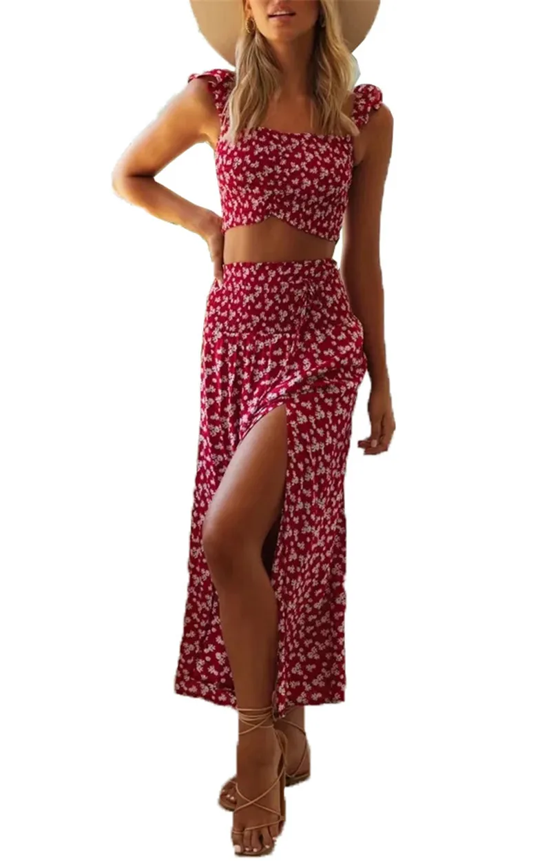 

Newest Fashion Summer Women Floral Sleeveless Small Suspenders + Mid Length High Waist Pleated Skirt Suit