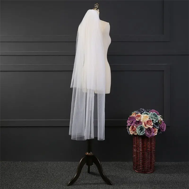 

T84B 3 Size Double Layer Women Cathedral Wedding Veil 2 Tier Simple European Solid Color Soft Tulle Drape Bridal Veil With Fixed