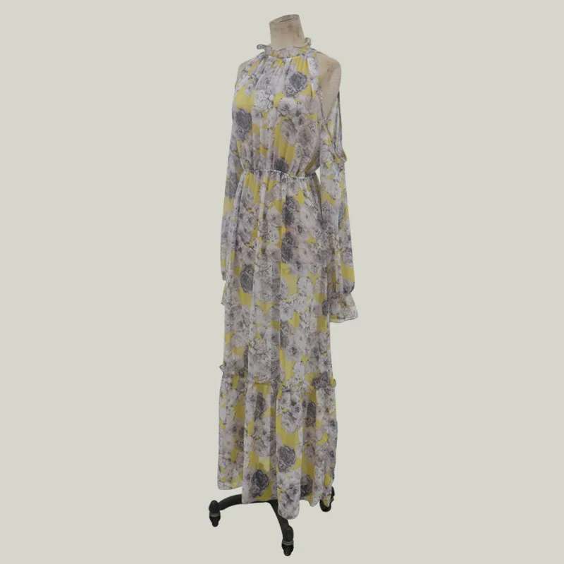 

New summer fashion women's sexy print off-the-shoulder fold, waist dress