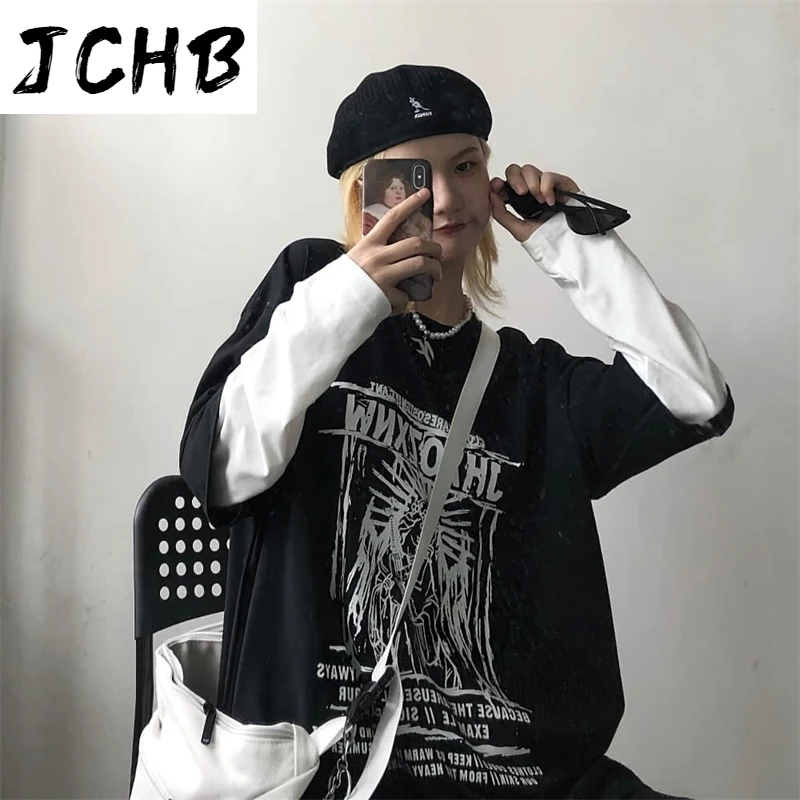 

2021 Fake Two Piece Tshirt Harajuku Long Sleeve Tops t Shirt Womens Clothes Oversized t Shirt Autumn Korean Casual Loose O-neck