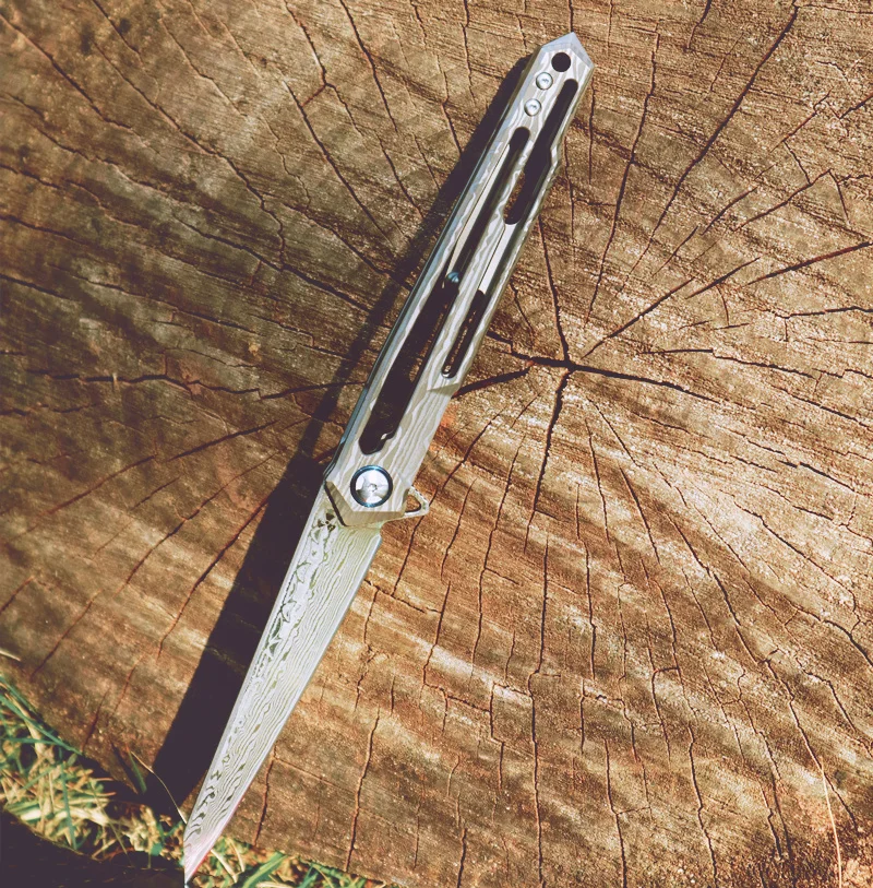 

Vg10 steel Damascus blade TC4 titanium alloy hollow handle anode electrochemical surface folding knife EDC tools Pocket knife