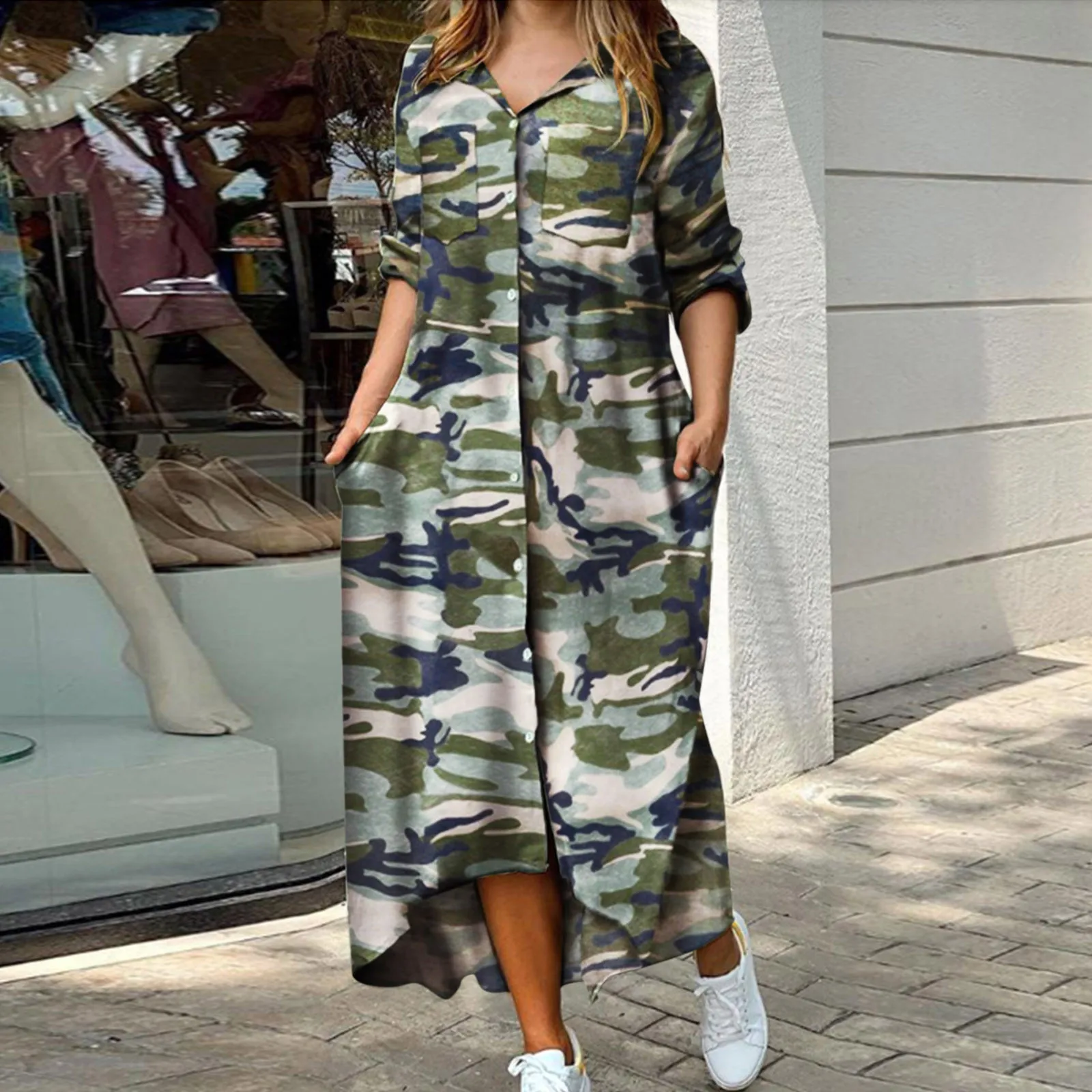 Женское винтажное платье рубашка с цветочным принтом и карманами|Женские платья|