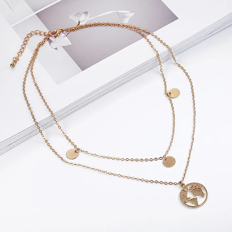 

New Round World Map Pendant Necklace Set Double Chain Vintage Boho Jewelry Long Statement Necklace For Women Girls Decorations