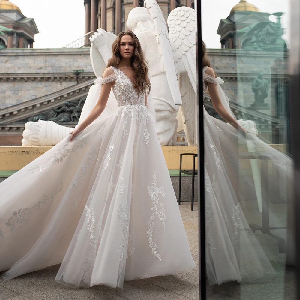 

V-Neck Wedding Dress 2021 Spaghetti Straps Cap Sleeve Appliques Beading Vestidos De Novia A-Line Tulle Sweep Train Bridal Gowns