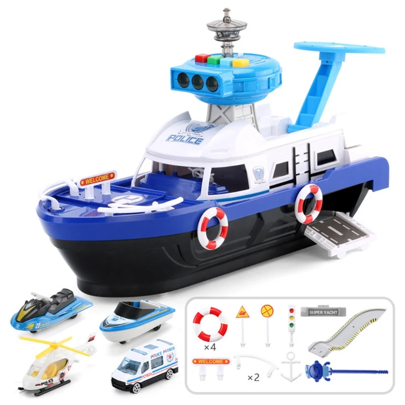 

C5AA Simulation Track Inertia Boat with Vehicles Set Music Story Lights Transport Storage Ship Model Car Parking Children Kids