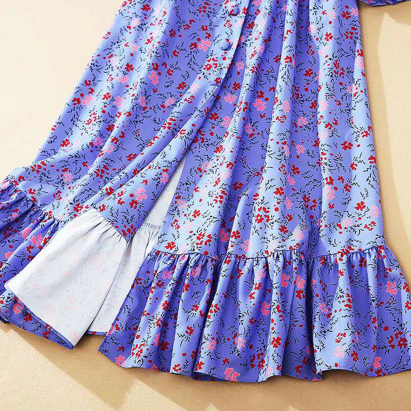 

Dress Runway Fashion Autumn Designer High Quality Long Sleeve V-Neck Ruffles Floral Print Party Holiday Trumpet Dress