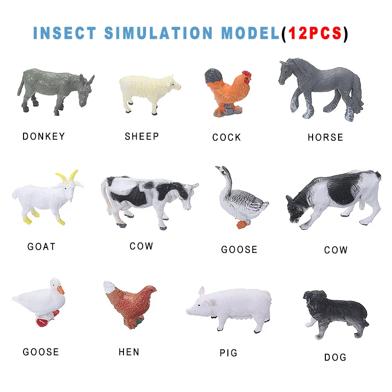 

12pcs/set Simulation Mini Farm Animals Poultry Model Action Figures Model Donkey Sheep Foose Cock Pig Hen Dog Education Kids Toy