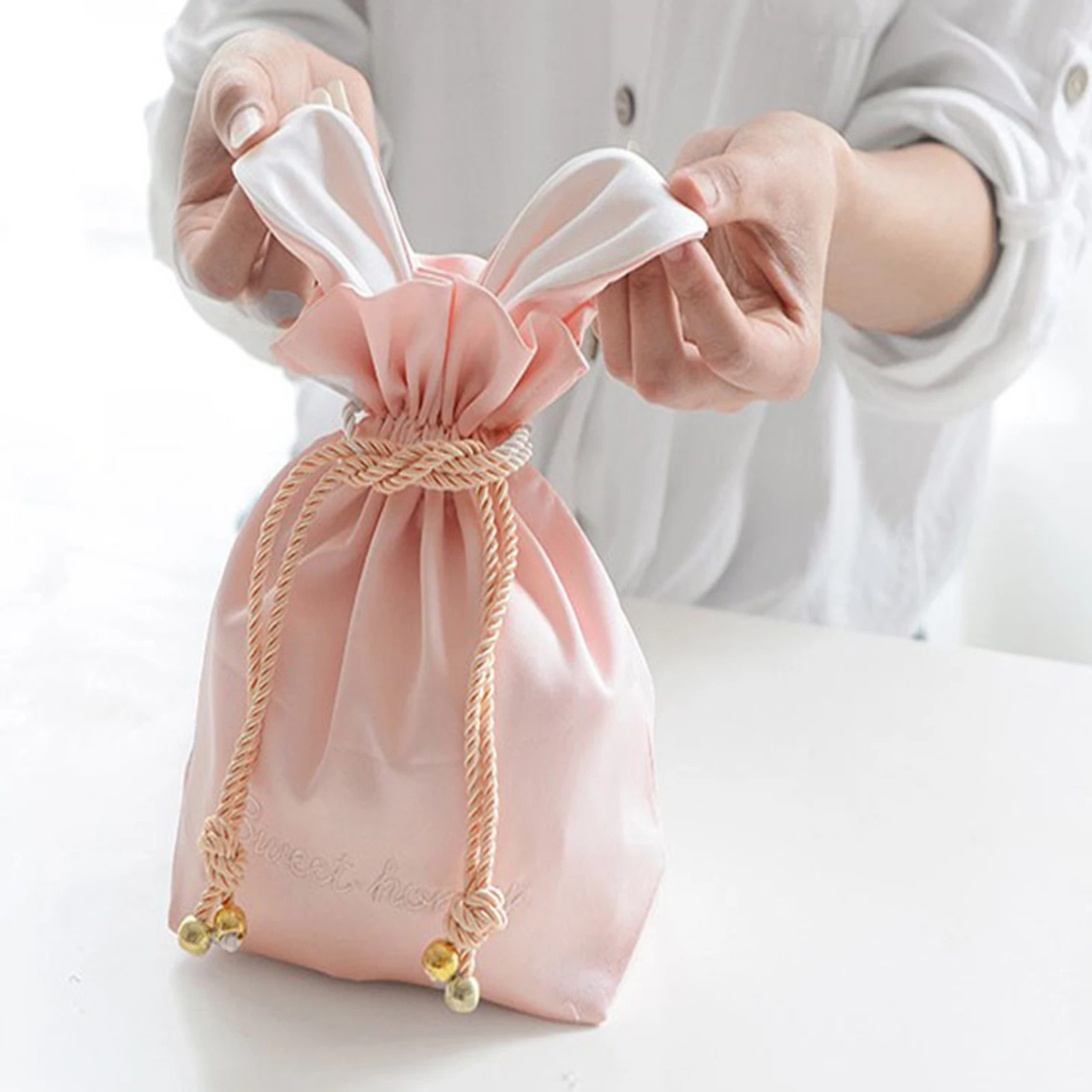 

Drawstring Makeup Bag Travel Cosmetic Bag Makeup Pouch Storage Organizer with Cute Rabbit Ears Pink for Women and Girl