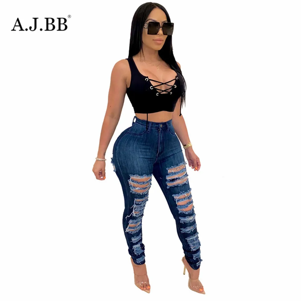 

New sexy and pierced solid jeans summer fashion nightclub high waist button women's Leggings Pants