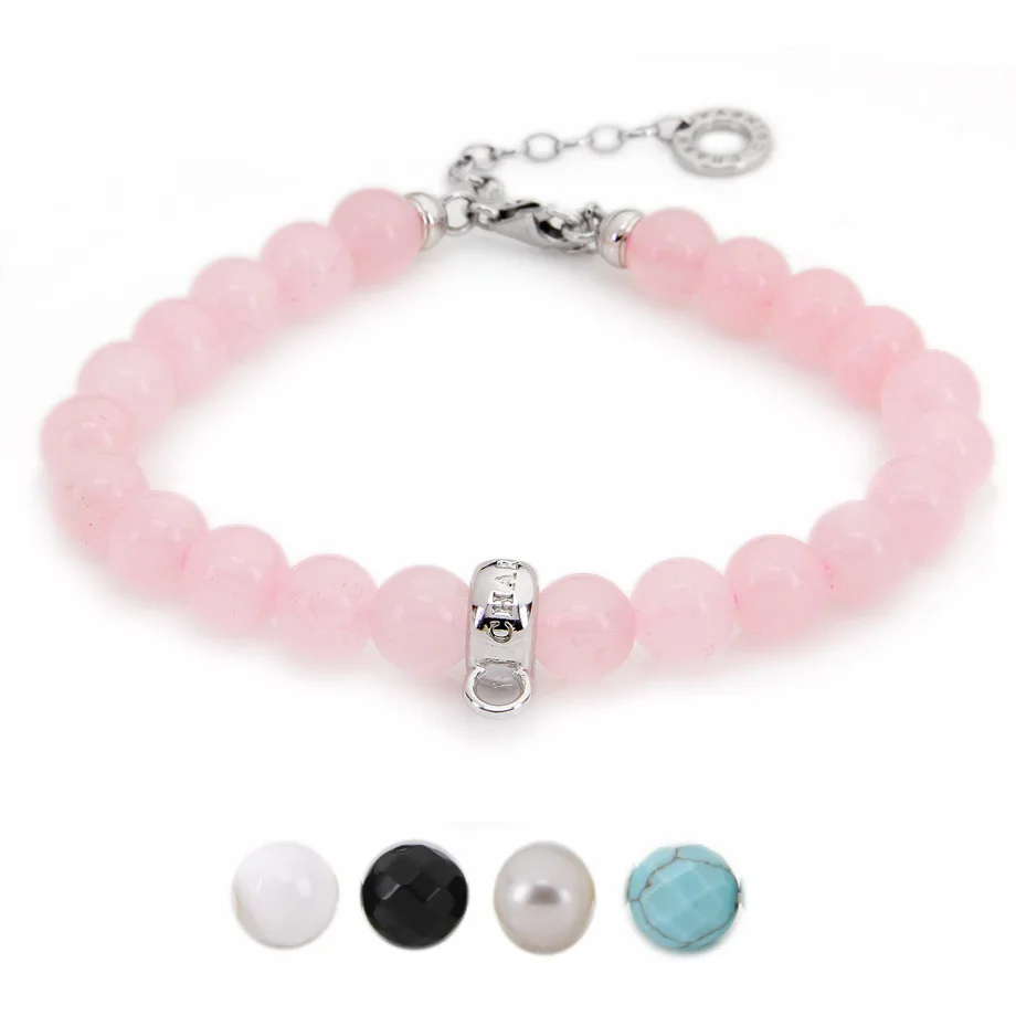 

Thomas Rose Pink Quartz Pearl Black Nature Stone Beads Bracelet Fit TS Charm, Glam Jewelry Soul Gift for Women TS B504x