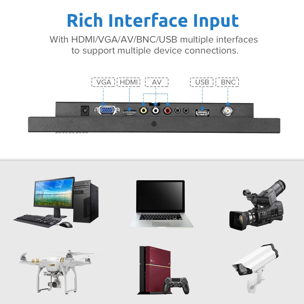 Eyoyo 12" HDMI IPS CCTV Monitor 1366x768 16:9 170° wide viewing Metal Housing LED Screen Support VGA/AV/BNC Built in Mircophone |