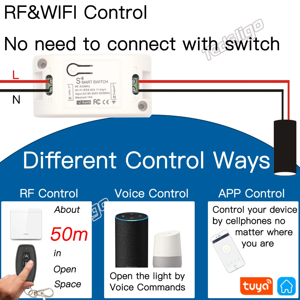Tuya Smart APP WiFi Touch Wall Switch Light Wireless RF 433Mhz DIY Relay Timer Module Google Home Alexa AC 110V 220V 10A On Off |