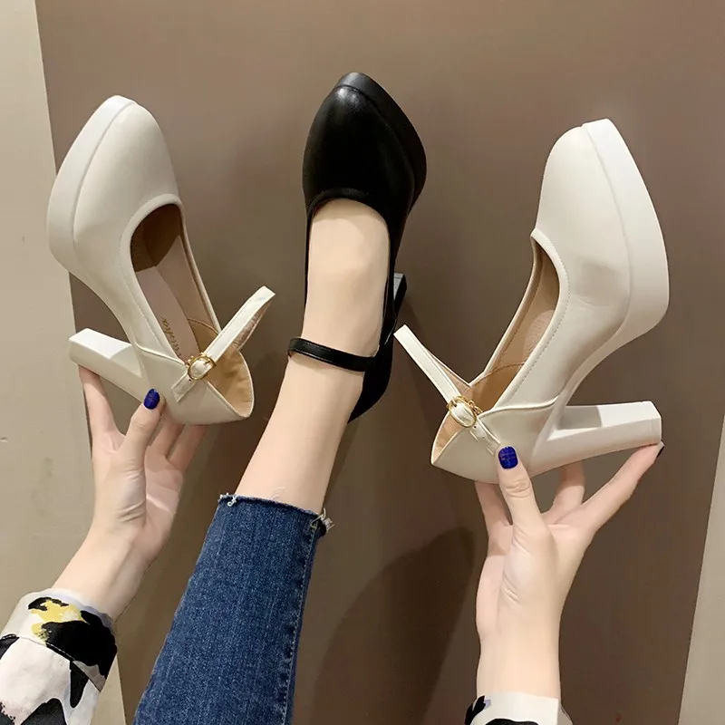 

Однотонные женские заостренные высокие каблуки на толстой подошве на толстом каблуке, дышащие белые туфли на высоком каблуке 8 см, Модные Вз...