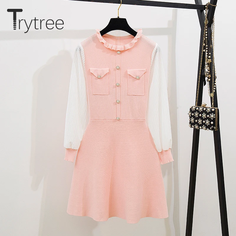 Trytree осенне-зимнее платье женское Повседневное с круглым вырезом и оборками