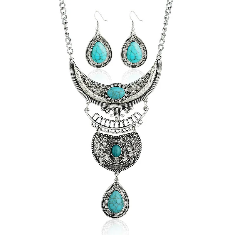 Ancient silver Blue LZHLQ, винтажный резной чокер с геометрическими мотивами, массивное ожерелье, женский набор, 4 цвета, синий камень, цинковый сплав, ювелирное изделие - Окраска металла: Ancient silver Blue