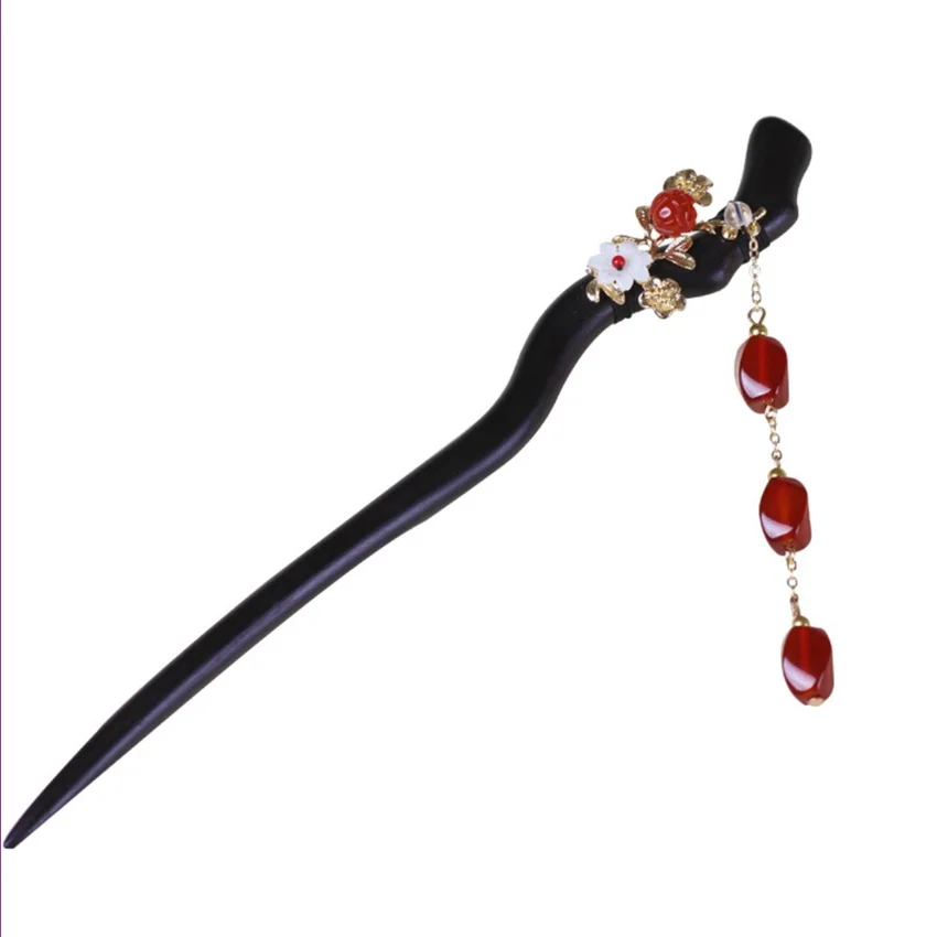 Ebony Wood With Red Agates Hair Jewelry For Elegant Women Gift