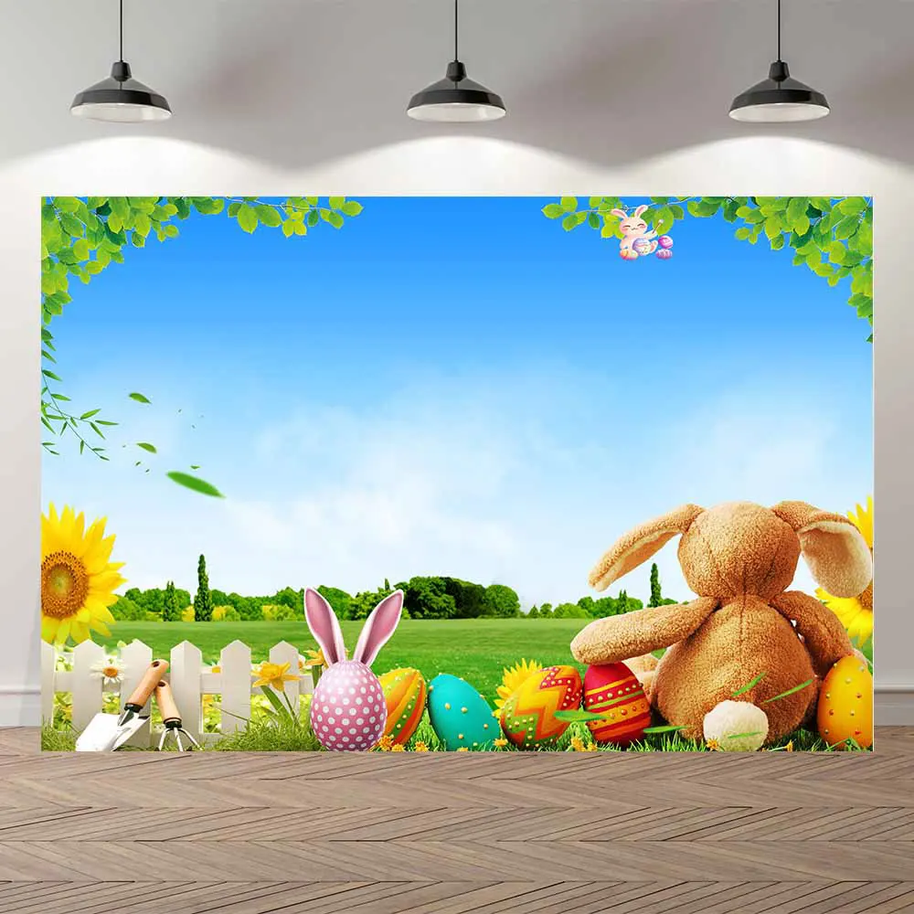 

Thin Vinyl Easter Rabbit Meadow Flowers Eggs Children Photo Wood Backdrops Printed professional Photographic Studio Background