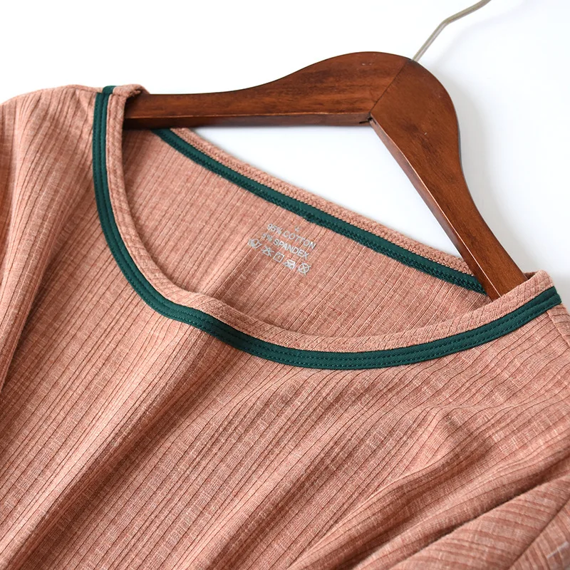 

Autumn Pajama Set Cotton Women Plus Size Sleepwear Suit Solid Stripes Nightwear O Neck Pullover Ladies Long-Sleeve Pants 2 Piece